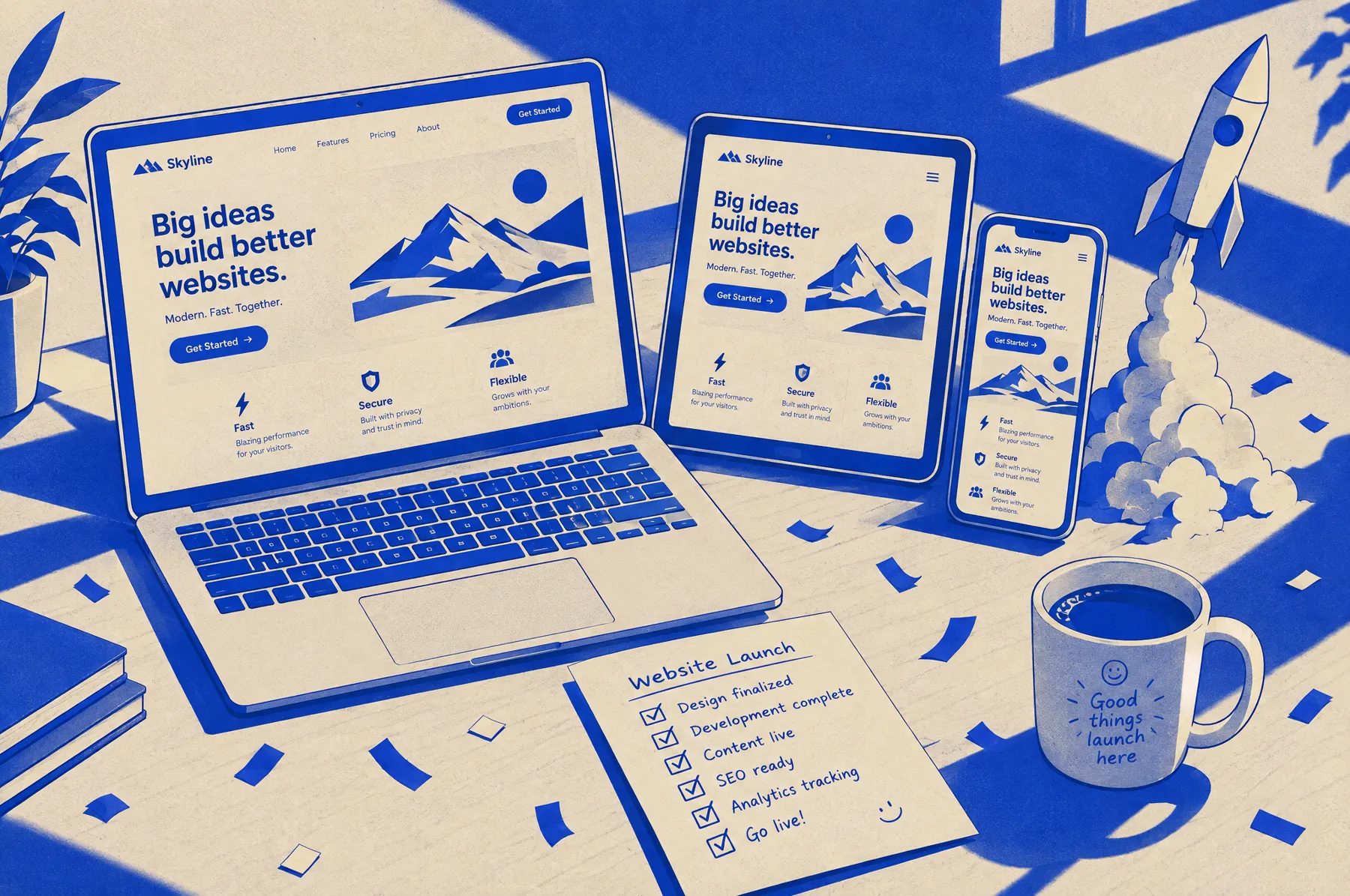 Responsive website on laptop, tablet and phone with a paper rocket launching