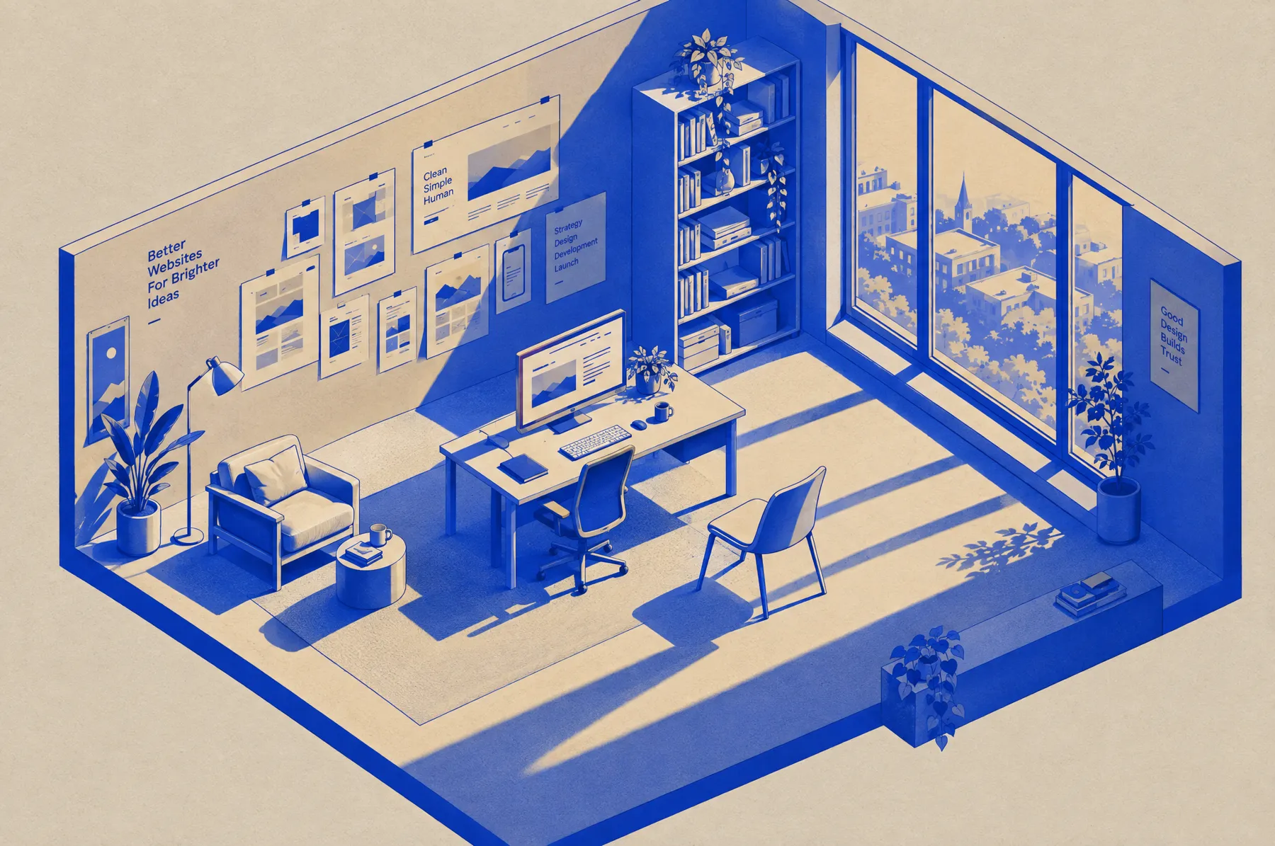 Isometric illustration of the studio with an empty chair waiting
